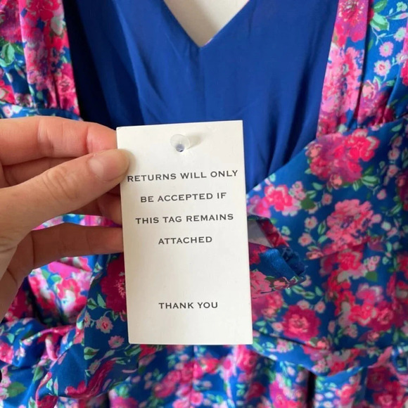 For Love & Lemons Puff Sleeve Open Back Annie Mini Dress Blue Pink Floral Sz S - Picture 13 of 14